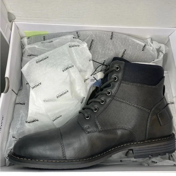 Sonoma Men’s Combat Boots Size 11W Wide Gray Lace-Up Casual Rugged Comfort Ortho - Picture 2 of 8